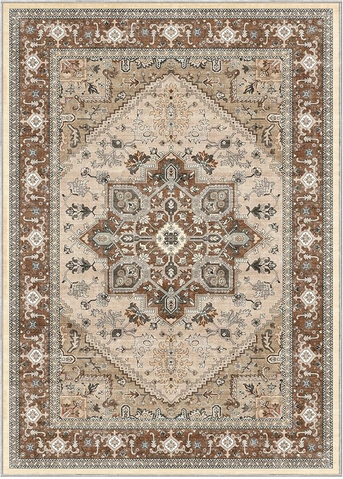 OPPODREAM Thin 10x14 Area Rugs, Washable Rugs 10x14 with Non Slip Backing, Low-Pile Faux Cashmere 10 x 14 Carpet, Brown