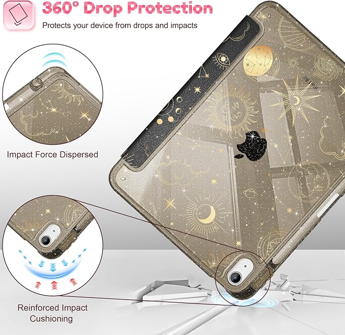 for iPad Air 11 inch M4/M3/M2 (2026/2025/2024) iPad Air 5th/4th Gen (2022/2020) 10.9 inch with Pencil Holder Glitter Clear Pretevtive Cover Auto Wake/Sleep Black Cartoon Stickers