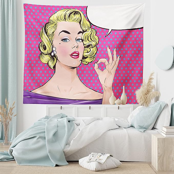 Ambesonne Vintage Tapestry King Size, Pop Art Blonde Woman Making OK Sign on Dotted Background Retro Comic Book Design, Wall Hanging Bedspread Bed Cover Wall Decor, 104" X 88", Pink Blue