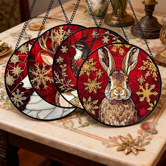 Stained Glass Window Hanging 4 Pcs Set Red Golden Snowflakes 9.8" - Christmas Elk Rabbit Suncatcher Door Garden Sun Catcher Decor Birthday for Mom Woman Nana Men