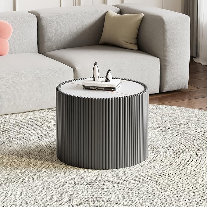 Grey Round Coffee Table with Sintered Stone Tabletop, 17.71" Drum Coffee Table with Fluted PU Leather Covered and Stable Base, Circle Cocktail Tea Table for Living Room