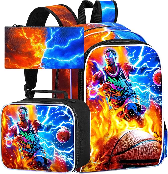 gxtvo 3PCS Kids Basketball Backpack for Boys, 17" School Bag with Lunch Box, Water Resistant Lightning Bookbag Middle Elementary - Fire & Lightning Basketball Player