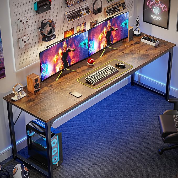 Huuger Computer Desk, 80 Inch Office Desk, Gaming Desk with Storage, Writing Desk Work Desk for Home Office, Study, Long Simple Desk, Large Legroom, Metal Frame, Rustic Brown