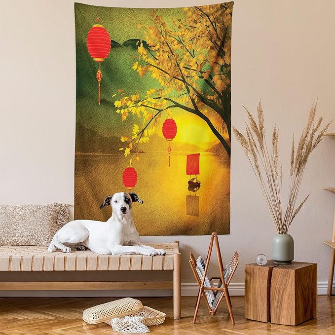 Ambesonne Oriental Tapestry Twin Size, Traditional Chinese Folk Hanging from Pale Fall Trees Lake Faded Nature Photo, Wall Hanging Bedspread Bed Cover Wall Decor, 68" X 88", Yellow Green