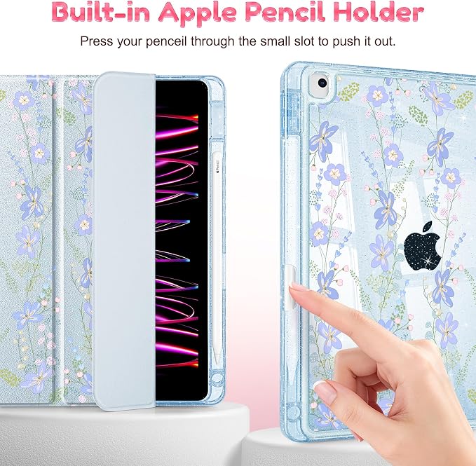 Mektron Sparkly Case for iPad 10.2 inch Glitter Tablet Cases for iPad 9th Gen 2021/8th Gen 2020/7th Gen 2019 Cover with Shiny Clear Back Shell Foldable Bling Smart Cover Blue Floral