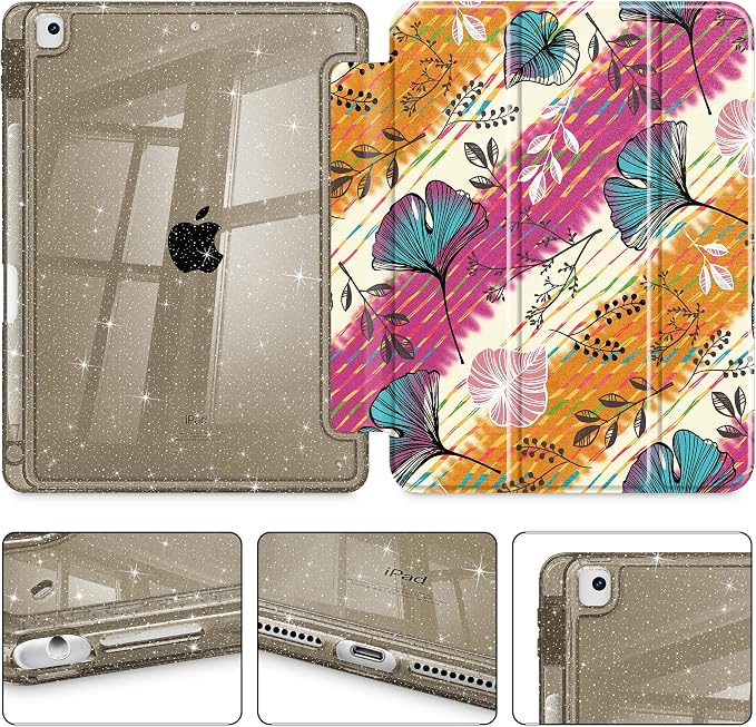 Mektron Sparkly Case for iPad 10.2 inch Glitter Tablet Cases for iPad 9th Gen 2021/8th Gen 2020/7th Gen 2019 Cover with Shiny Clear Back Shell Foldable Bling Smart Cover Blue Floral