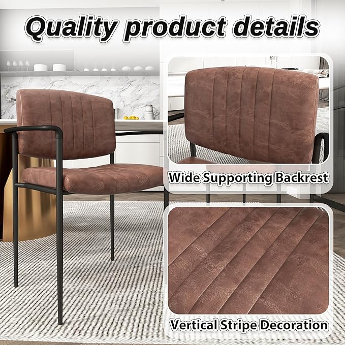 Mid-Century Modern PU Leather Dining Chairs Set of 4, Upholstered Kitchen Chairs with Arms and Metal Legs Adjustable Feet for Kitchen Dining Room(Brown)