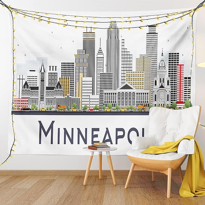 Ambesonne Minnesota Tapestry, Elevation of a Street in Minneapolis Image with High Detailed Facades, Fabric Wall Hanging Decor for Bedroom Living Room Dorm, 23" X 28", White Grey
