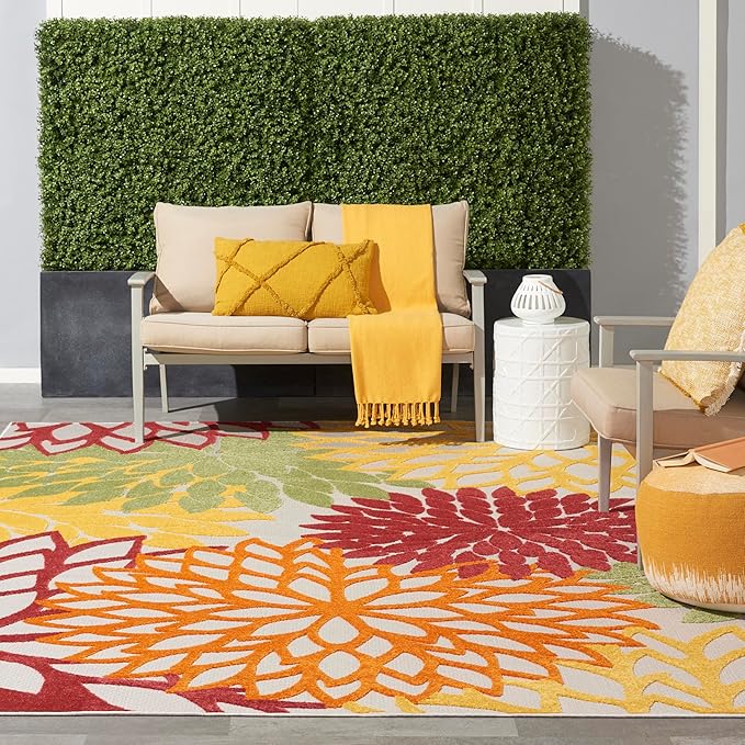 Nourison Home Aloha Indoor/Outdoor Red Multi Colored 9'6" x 13' Area Rug, Tropical, Botanical, Easy Cleaning, Non Shedding, Bed Room, Living Room, Dining Room, Deck, Backyard, Patio (9x13)