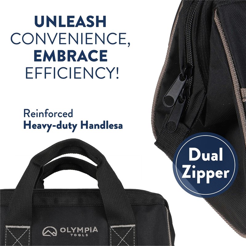 Olympia Tools Tool Bag 12 Inch, Heavy Duty Tools Bag with 3 Large Pockets, Adjustable Shouder Straps and 600D Reinforced Material