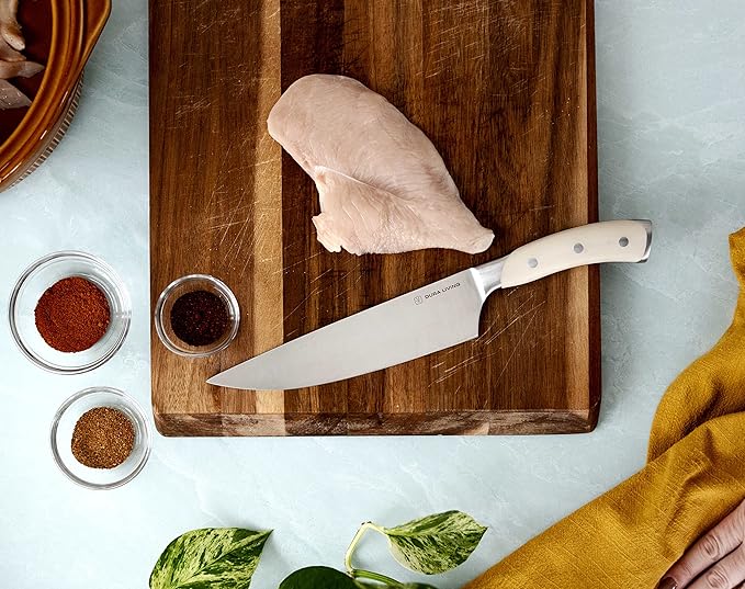 DURA LIVING 8-Inch Chef Knife – Ultra-Sharp German High Carbon Stainless Steel, Full Tang, Ergonomic Handle, Multipurpose Kitchen Knife for Chopping, Slicing, and Dicing, Cream