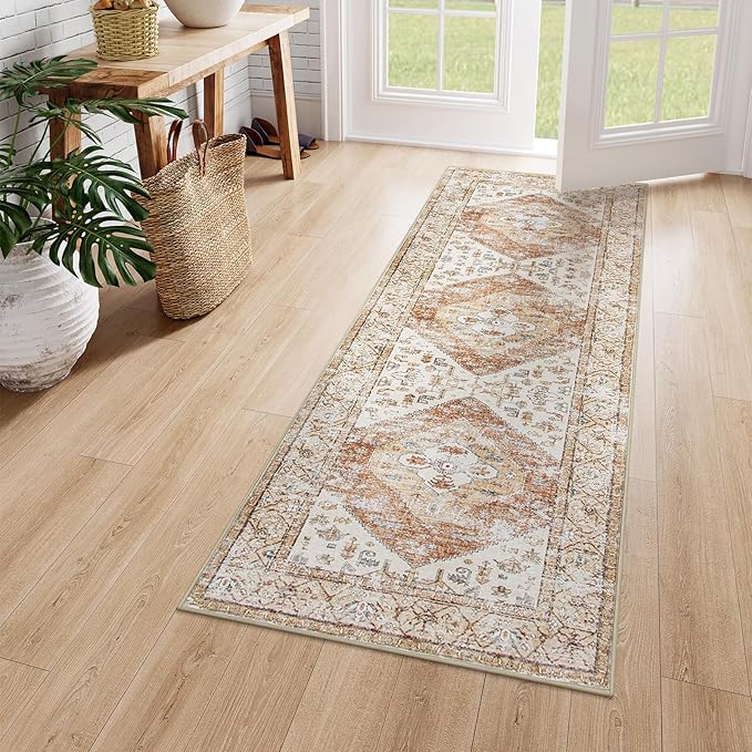 Lahome Boho Washable Runner Rug - 2x6 Hallway Rug Kitchen Runner Non-Slip Throw Thin Bedroom Rugs Laundry Room Oriental Distressed Print Carpet for Entrance Bathroom Living Room