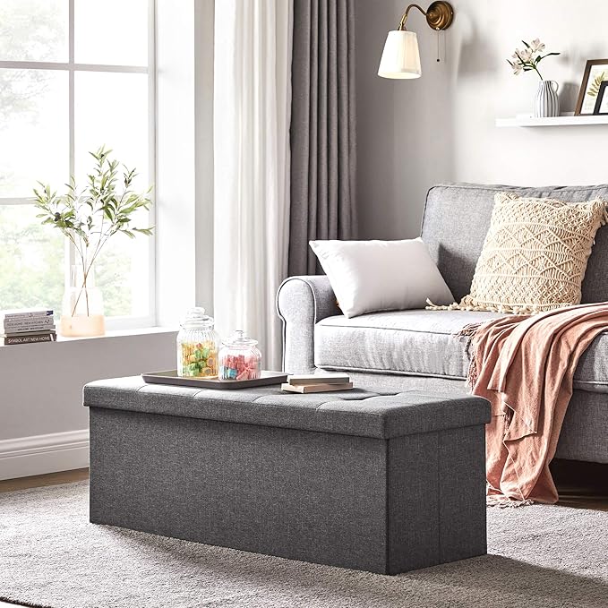 SONGMICS 43 Inches Folding Storage Ottoman Bench, Set of 2, Storage Chest, Foot Rest Stool, Bedroom Bench with Storage, Dark Gray, ULSF431G01
