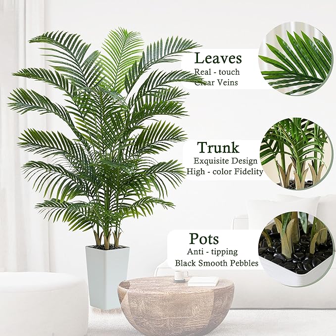 Artificial Palm Tree：6FT Tropical Fake Silk Plant UV Resistant Faux Areca Palm with White Planter & Black Pebbles for Home Office Living Room Decor Indoor Patio Porch Balcony (6FT,1-Pack,White)