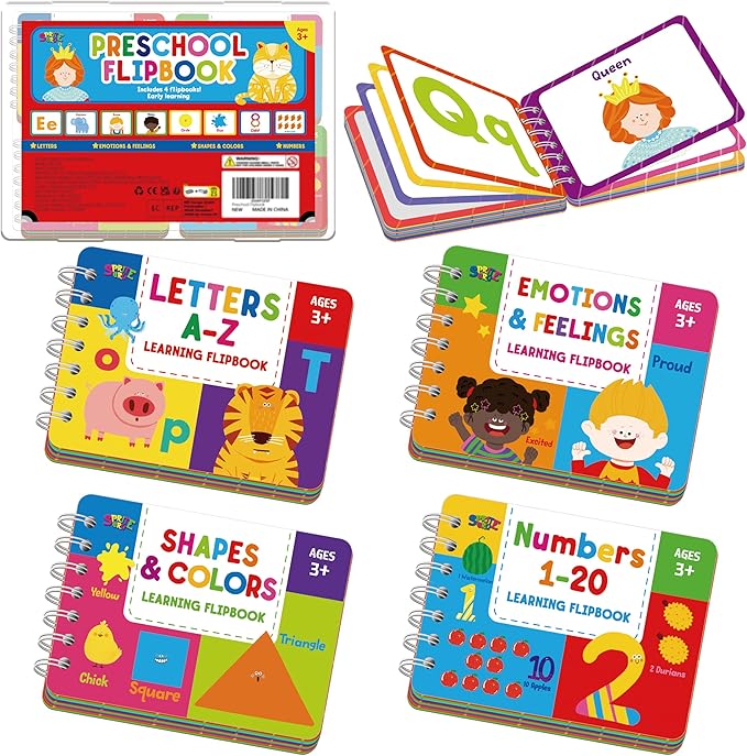 4 Preschool Learning Flipbooks, 96PCS Double Sided Printed Cards Set, Alphabet Letter A-Z, Number 1-20, Feelings and Emotions, Shapes and Colors Mini Board Books Set Early Educational Tool for Kids