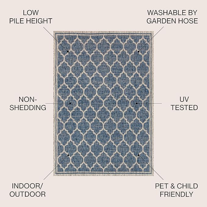 Eyely BMS109D-14 Santa Monica Trebol Moroccan Trellis Textured Weave, Pet Friendly, Non-Shedding, Stain Resistant, Easy-Cleaning, Navy/Gray, 10 ft. x 14 ft., Indoor/Outdoor, Area Rug