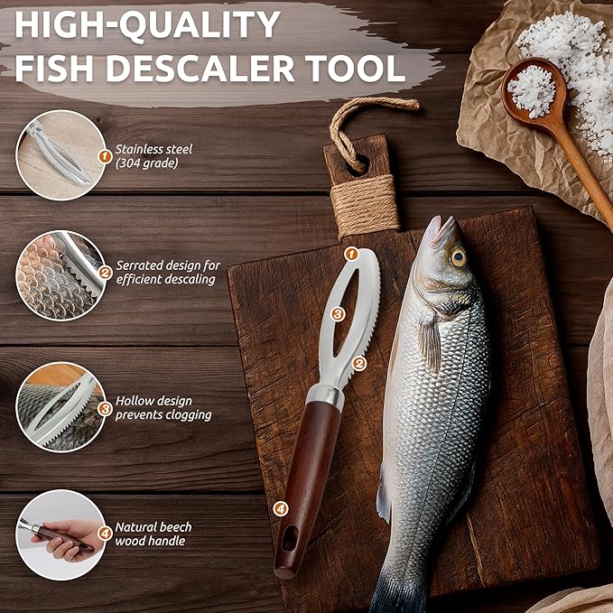 DUGATO Fish Scale Remover, Stainless Steel Scaler with Wood Handle