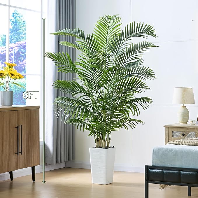 Artificial Palm Tree 6FT - Tall Fake Tree with White Taper Planter & Pebbles, UV Resistant for Indoor & Outdoor, Large Potted Faux Plant, Tropical Areca Floor Plant for Living Room, Office, Home Decor
