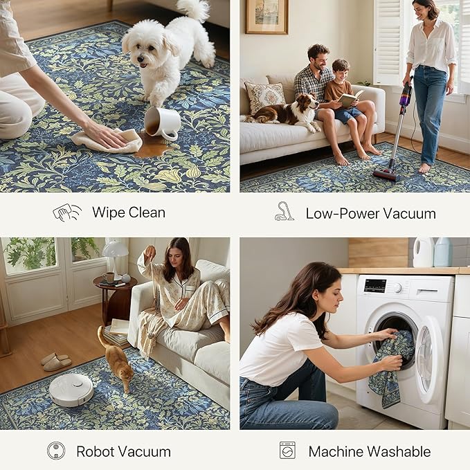 GENIMO Floral Washable Runner Rug 2’6”x10’, Non-Slip Long Hallway Carpet for Entryway, Kitchen, Indoor Floor Use, Vintage Boho Soft Thin Rug Décor, Dark Blue