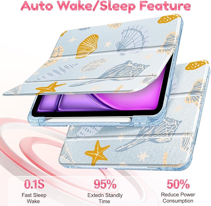 for iPad Air 11 inch M4/M3/M2 (2026/2025/2024) iPad Air 5th/4th Gen (2022/2020) 10.9 inch with Pencil Holder Glitter Clear Pretevtive Cover Auto Wake/Sleep Black Cartoon Stickers