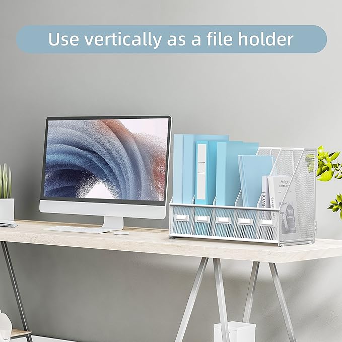SUPEASY Desk Organizers Metal Desk Magazine File Holder with 5 Vertical Compartments Rack File Organizer for Office Desktop, Home Workspace, White
