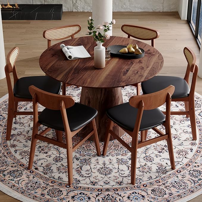 45 Inch Round Dining Table Set for 6, 7 Piece Kitchen Table and Chairs Set, Wooden Table with Walnut Finish, Small Space Dining Set for Apartment or Dining Room