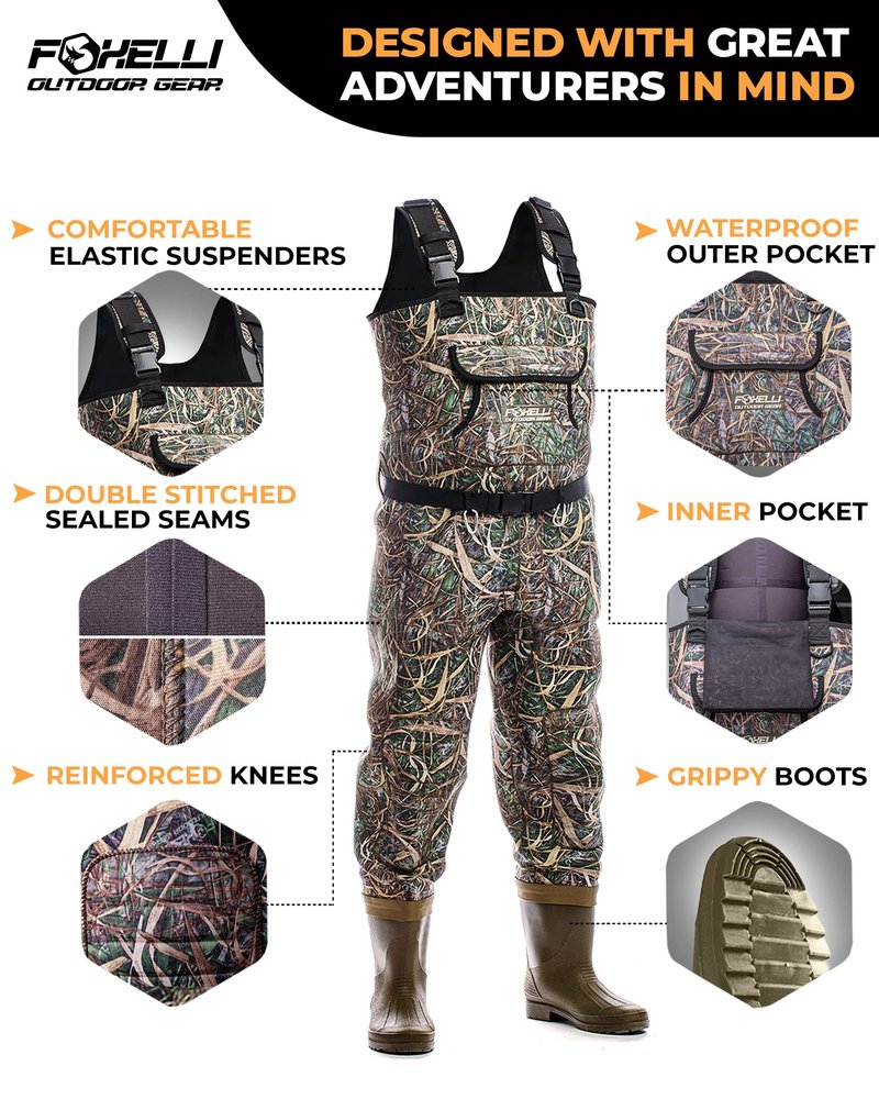 Foxelli Chest Waders, Waterproof 4mm Neoprene Hunting & Fishing Waders for Men & Women with Boots