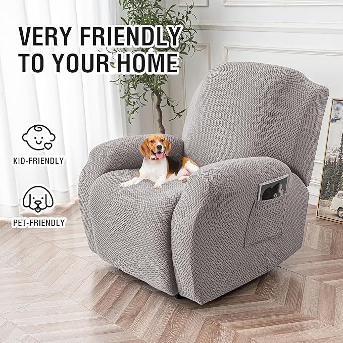 Genina Recliner Chair Covers, Stretch Reclining Chair Cover, Recliner Sofa Slipcovers Stripe Jacquard Lazy Couch Covers Furniture Protector Covers for Pet Kid (Light Grey, 1 Seat)