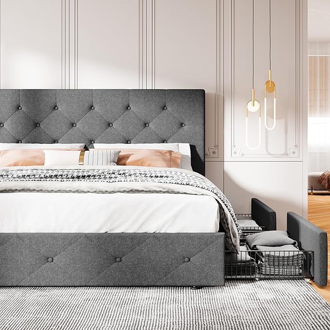 MUTICOR King Size Bed Frame with 4 Storage Drawers, Upholstered Platform Bed with Button Tufted Adjustable Headboard, No Box Spring Needed, Easy Assembly, Diamond Tufted, Dark Grey Fabric