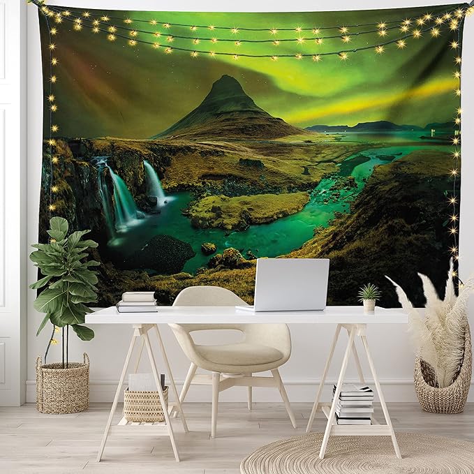 Ambesonne Aurora Borealis Tapestry, Pale Weather over the Hills Waterfall Creek Nature Landscape, Fabric Wall Hanging Decor for Bedroom Living Room Dorm, 28" X 23", Olive Green