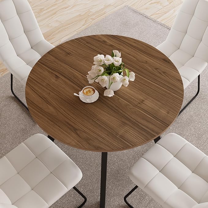 34.6'' Dining Table and Chairs for 2, Mid Century Modern Round Table Set, Space Saving for Apartment Kitchen Dining Room (Walnut Table+2 U-Shaped White Chairs)