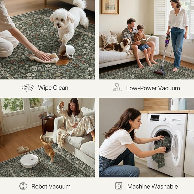 GENIMO Floral Washable Runner Rug 2’6”x8’, Non-Slip Long Hallway Carpet for Entryway, Kitchen, Indoor Floor Use, Vintage Boho Soft Thin Rug Décor, Black