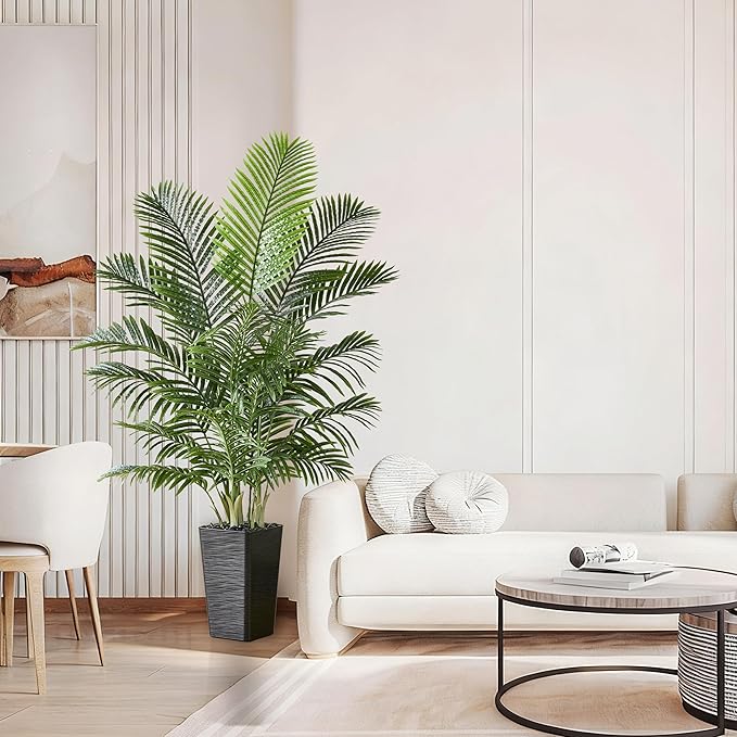 Artificial Palm Tree：5FT Tropical Fake Silk Plant UV Resistant Faux Areca Palm with White Planter & Black Pebbles for Home Office Living Room Decor Indoor Patio Porch Balcony (5FT,1-Pack,Black)