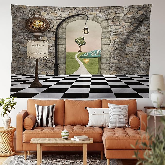 Ambesonne Alice in Wonderland Tapestry, Welcome Wonderland Black and White Floor Landscape Mushroom Lantern, Wide Wall Hanging for Bedroom Living Room Dorm, 80" X 60", Stone Black