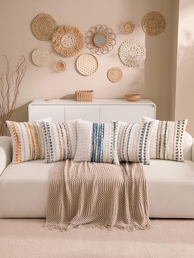 KOOLIFE Boho Chenille Tufted Couch Throw Pillow Covers 18x18 Inch Set of 2 Farmhouse Striped Decorative Pillow Covers Accent Neutral Square Pillowcase Blue Cushion Covers for Livingroom Sofa Bed