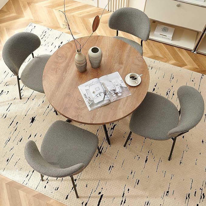 Round Dining Table Set for 4, Modern 5-Piece Kitchen Table Set, 37" Round MDF Living Coffee Table with 4 Seated Grey Boucle Dining Chairs Upholstered, Metal Legs for Dining Hall, Living Room