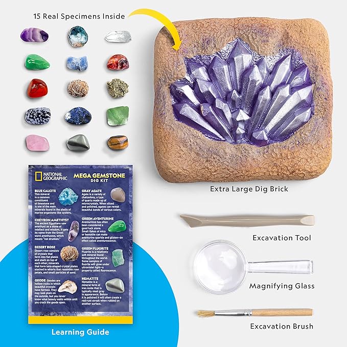 NATIONAL GEOGRAPHIC Mega Gemstone Dig Kit – Dig Up 15 Real Gemstones and Crystals, Science Kit for Kids, Gem Digging Kit, Gift for Girls and Boys, Mining Kit, Rock Collection