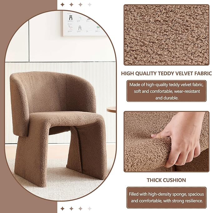 Upholstered Dining Chair Brown Set of 4, Stylish Accent Barrel Side Chairs, Cozy Single Sofa Chair, Teddy Velvet Comfortable Armchair for Bedroom, Reading, Waiting Room, Kitchen and Dining