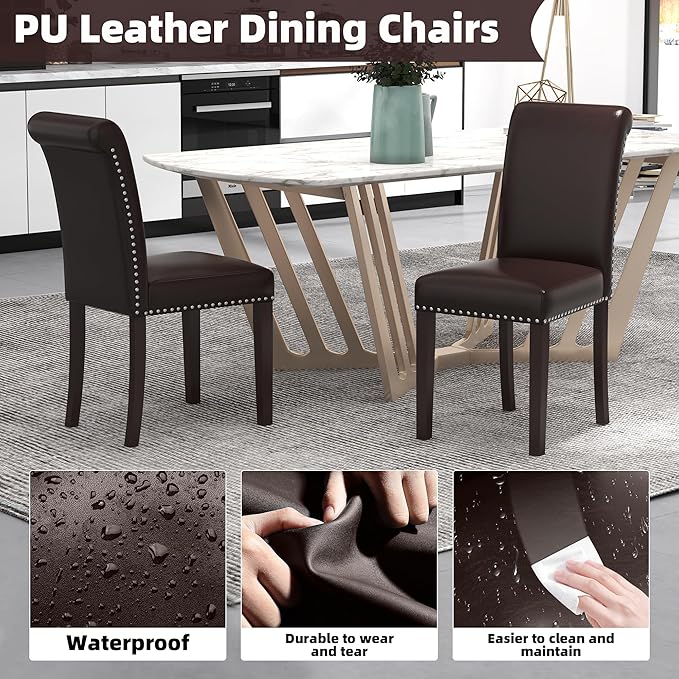 Westice Dining Room Chairs Set of 8 Upholstered PU Leather Kitchen Chairs Dining Room Side Chair with Nailhead Trim and Rubber Wood Legs for Small Space Apartment, Brown