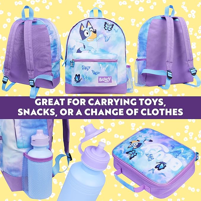 Bluey Backpack Set 4 Pcs with Water Bottle Pencil Case Modern Lunch Bag or Sports Gym Drawstring Bag Gifts for Kids Butterfly