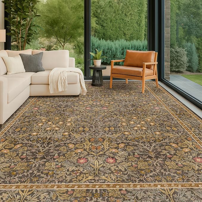Washable 9x12 Living Room Rug - Gold Brown Floral Area Rug for Dining Room Under Table, Low Pile Non-Slip Floor Carpet for Bedroom Under Bed - Vintage Taupe Design & Stain Resistance