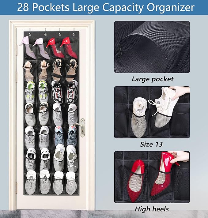 MISSLO 28 Large Pockets Hanging Shoe Organizer Over The Door Shoe Rack for Closet Door Storage Mesh Shoe Holder Hanger for Men, Black