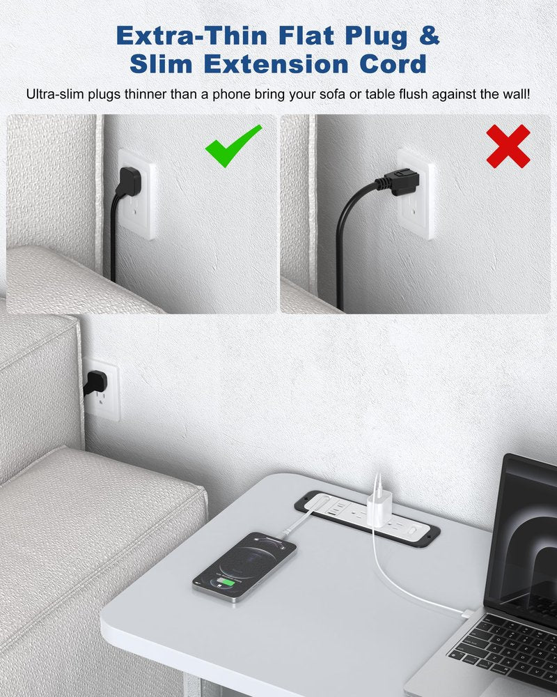 Recessed Power Strip with Retractable USB C Cable,2 PD 20W USB C,Flush Mount Countertop Drawer Outlet, Furniture Hidden Outlet for Side Table,End Table,3 Outlets (White and Black, 6FT-20W)
