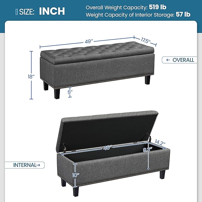 Yaheetech 49-inch Entryway Ottoman Bench with Storage, Multipurpose Foot Rest Sofa Stool in Dark Gray