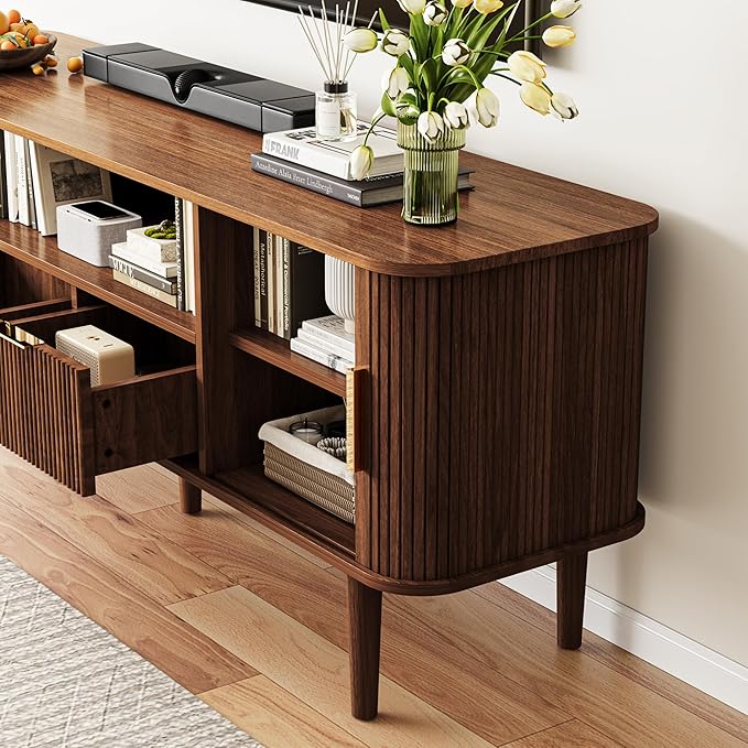 DAMCROP 62.4 Inch Fluted TV Stand, Modern Media Console Table with Sliding Tambour Door Farmhouse Sideboard Buffet Cabinet Fits TVs up to 75 inch, Wood Entertainment Center for Living Room(Dark Wood)