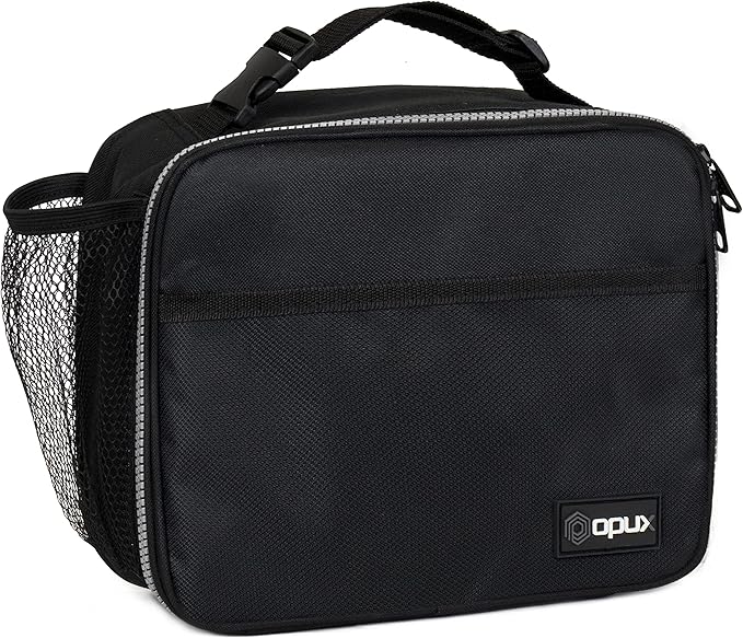 opux Insulated Lunch Bag Kids, Lunch Box for School Boy Girl, Leakproof Small Reusable Compact Soft Mini Cooler Bag, Toddler Small Lunch Boxes Kit Pail with Front Side Pockets (Black)