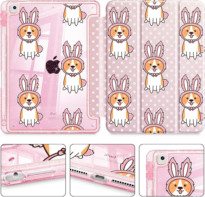 Case for iPad 9th/ 8th/ 7th Generation 10.2-Inch Case(2021/2020/2019 Release) Glitter Tablet Cases with Transparent Acrylic Back+Trifold Stand+Pencil Holder+Auto Wake/Sleep Bows-Stripe