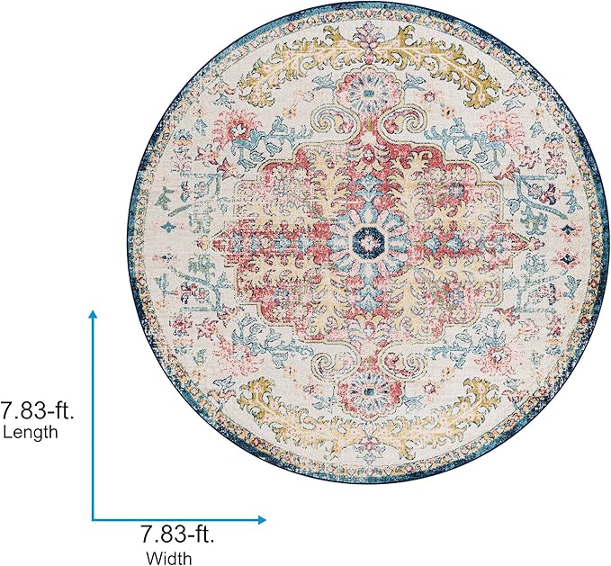 Livabliss Area Rugs - 8ft Round Odelia Vintage Boho Aqua Burgandy Blue Round Area Rug for Living Room Bedroom - Floral Medallion Stain Resistant Carpet for Kitchen, Nursery, Office (7'10" Round)