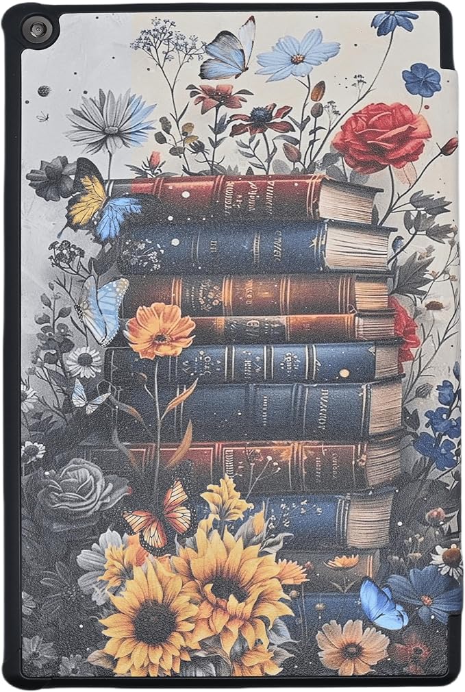 Case for Amazon Fire HD 10 Tablet (7th and 9th Generation 2017 and 2019 Release) Lightweight PU Leather Stand Cover with Auto Wake/Sleep Book and Flowers
