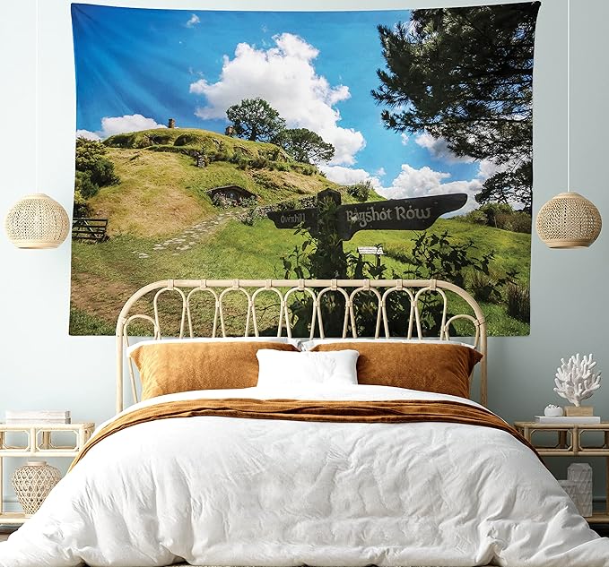 Ambesonne Hobbits Tapestry, Overhill Hobbit Village in Matamata New Zealand Fantasy Scene House Image Print, Fabric Wall Hanging Decor for Bedroom Living Room Dorm, 28" X 23", Green Blue